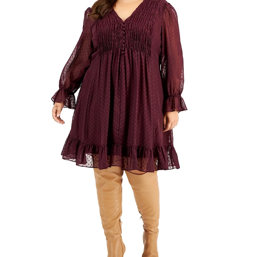 TAYLOR Plus Size 22W Smocked Ruffled Chiffon A-Line Dress Port Wine